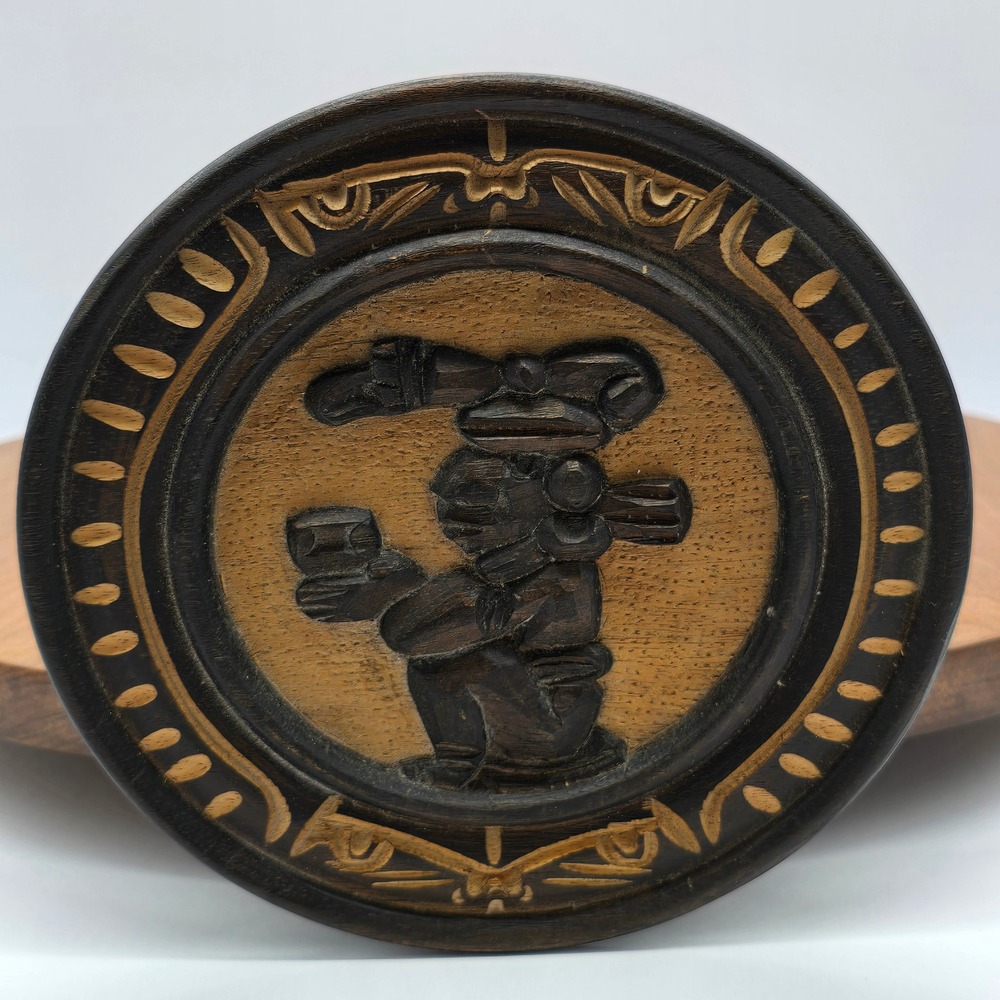 Vintage Hand Carved‎ Wooden Plate Mesoamerican Figure